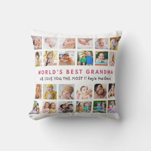 World’s Best Grandma Grandkids 24 Photo Pink Throw Pillow