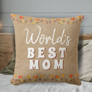World`s Best Mom Flowers Floral Rustic Beige  Throw Pillow