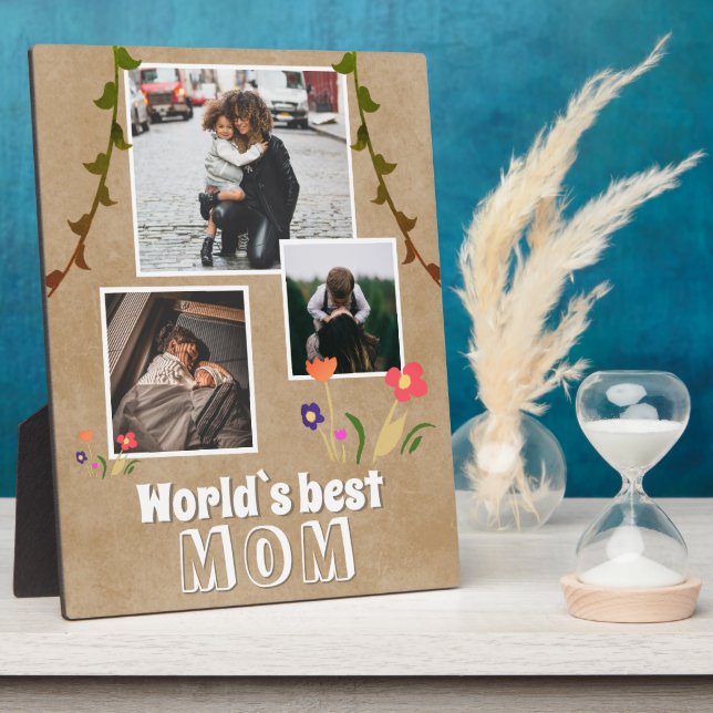 World`s Best Mom Flowers Old Paper 3 Photo Plaque (Side)