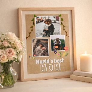 World`s Best Mom Flowers Old Paper 3 Photo Poster