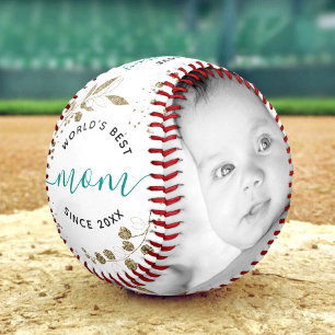 World’s Best Mom Gold Botanical Script 2 Photo Baseball