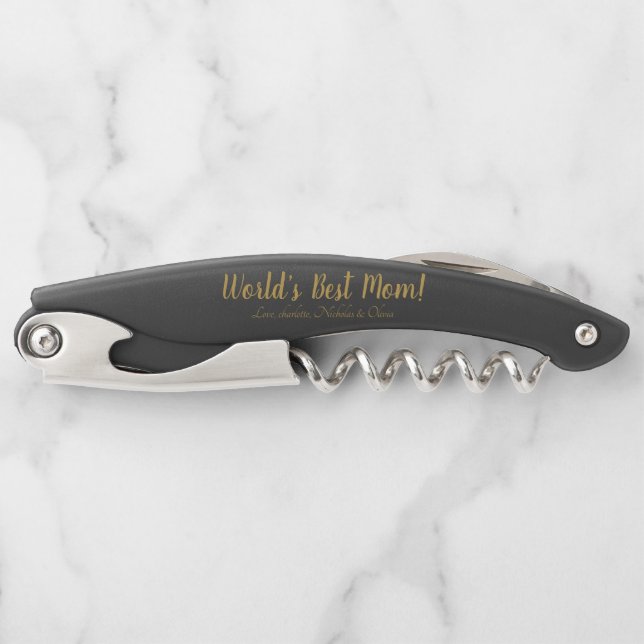 World’s Best Mom gold custom script cute Corkscrew (Front)