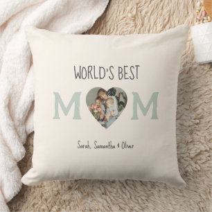 World’s Best Mom – Heart Photo & Custom Text Throw Pillow