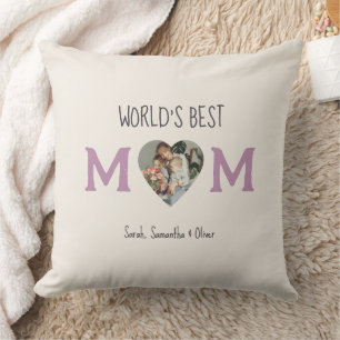 World’s Best Mom – Heart Photo & Custom Text    Throw Pillow