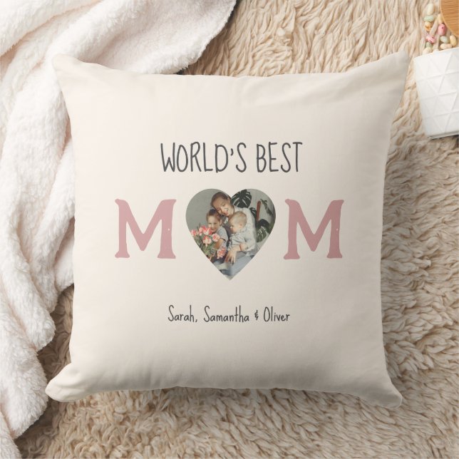 World’s Best Mom – Heart Photo & Custom Text |  Throw Pillow (Blanket)