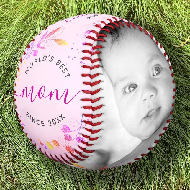 World’s Best Mom Pink Glitter Leaves Script Photo Baseball (Creator Uploaded)