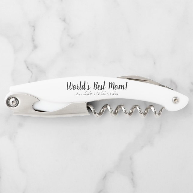 World’s Best Mom white black custom script elegant Corkscrew (Front)