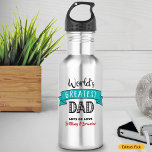 World’s Greatest Dad, Cool Bold Modern Teal Banner 532 Ml Water Bottle<br><div class="desc">“World’s Greatest Dad.” Let Dad know what you really think of him. Time for him to quench his thirst after a workout with this cool water bottle sporting modern black, red, and white typography and a teal blue banner on a stainless steel background. Customize with his child’s(children’s) name(s) for the...</div>