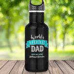 World’s Greatest Dad Teal Banner Bold Type Modern 532 Ml Water Bottle<br><div class="desc">“World’s Greatest Dad.” Let Dad know what you really think of him. Time for him to quench his thirst after a workout with this cool water bottle sporting modern white typography and a teal turquoise blue banner on a navy blue background. Customize with his child’s(children’s) name(s) for the perfect, personalized...</div>