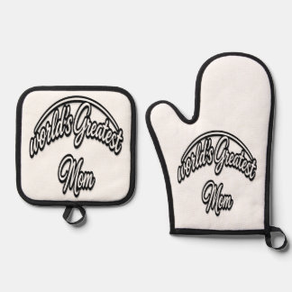 World’s Greatest Mom Elegant Cursive Design Oven Mitt & Pot Holder Set