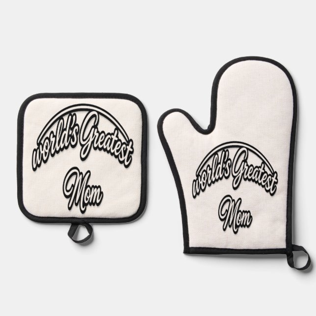 World’s Greatest Mom Elegant Cursive Design Oven Mitt & Pot Holder Set (Front)
