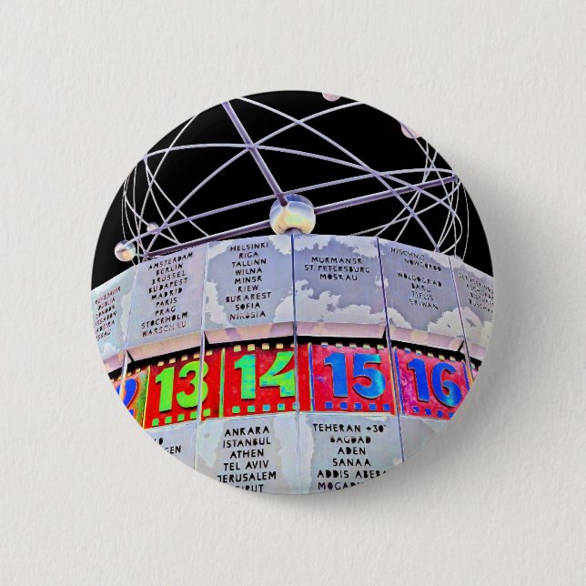 World Time Clock,Alexanderplatz,Berlin,Black Back 2 Inch Round Button (Front)