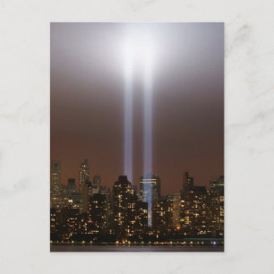 World trade center tribute in light in New York. Postcard
