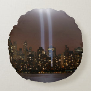 World trade centre tribute in light in New York. Round Pillow