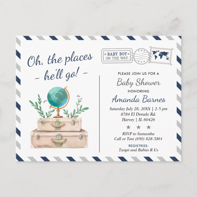 World Travel Adventure Baby Boy Shower Sprinkle Postcard (Front)