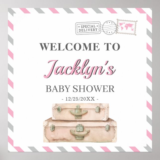 World Travel Airplane Baby Girl Shower Welcome Poster (Front)