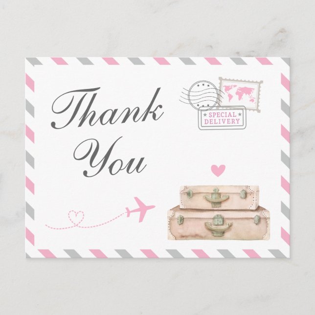World Travel Baby Girl Shower Sprinkle Thank You Postcard (Front)