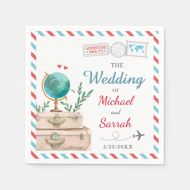 World Travel Globe Suitcases Red Blue Map Wedding Napkin (Front)