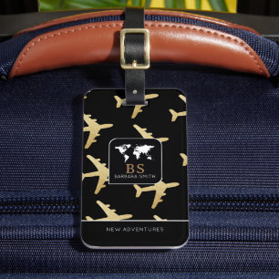 World Travel luggage tag with name & airplanes