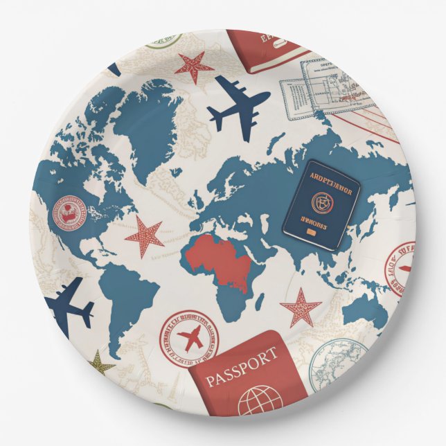 World Travel Map Pattern Paper Plate (Front)