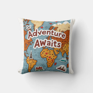 World Travel Map with quote Throw Pillow