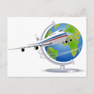 World Travel Plane and Globe Postcard