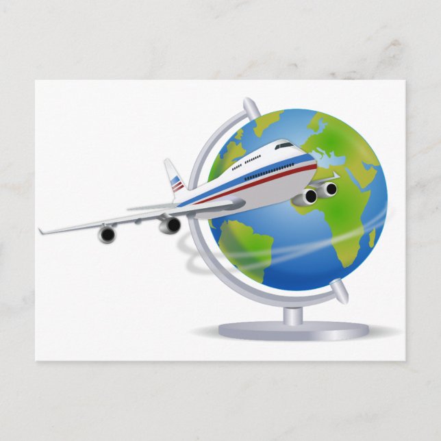 World Travel Plane and Globe Postcard (Front)