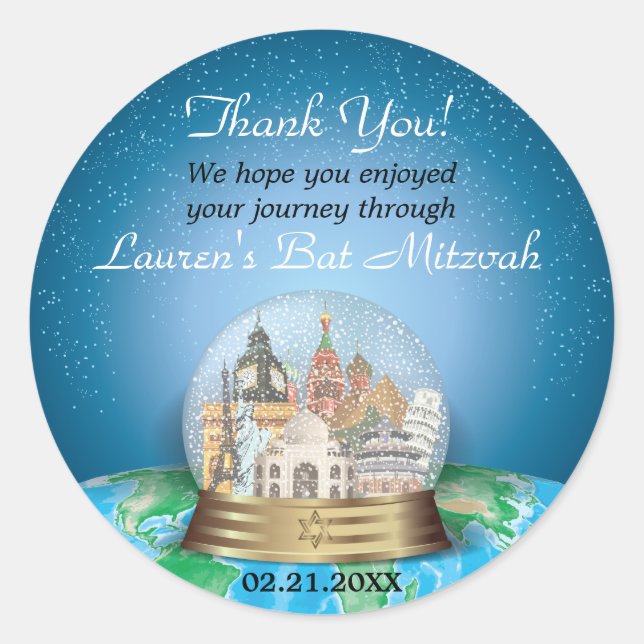 World Travel Snow Globe Bar Bat Mitzvah Classic Round Sticker (Front)