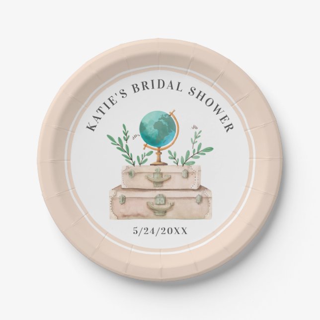 World Travel Suitcase Bridal Shower Bachelorette Paper Plate (Front)