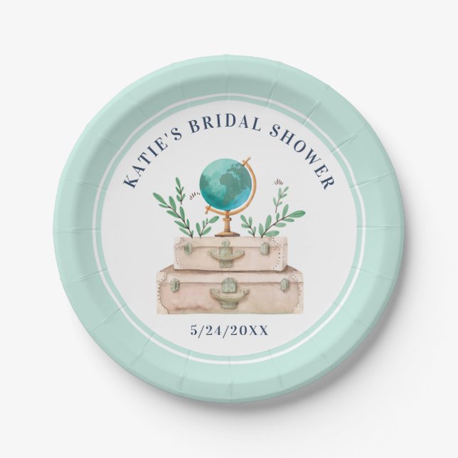 World Travel Suitcase Bridal Shower Light Blue Paper Plate (Front)