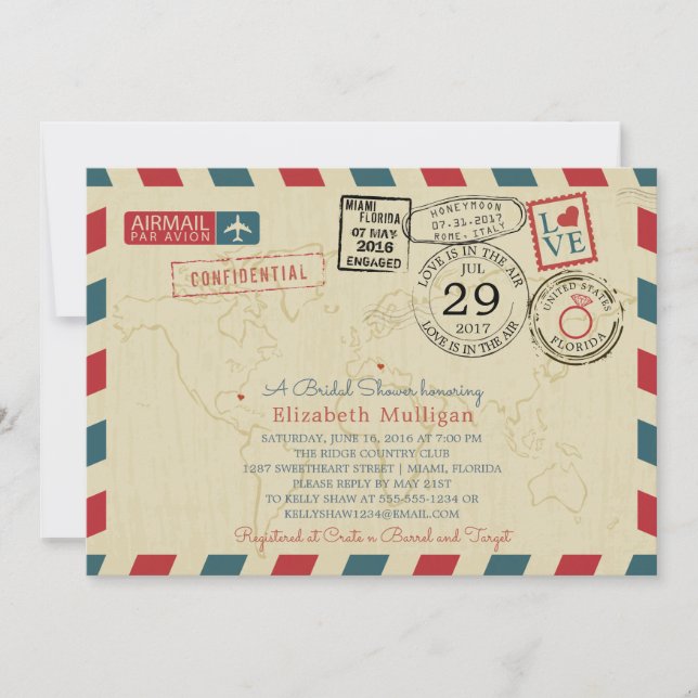 World Traveller Airmail |  Bridal Shower Invitation (Front)