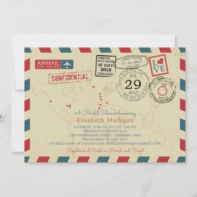 World Traveller Airmail |  Bridal Shower Invitation (Front)