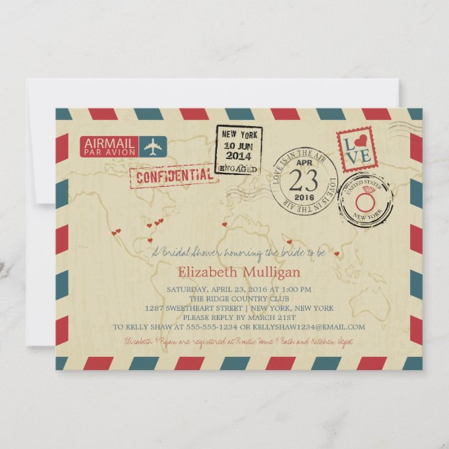 World Traveller Airmail | New York Bridal Shower Invitation (Front)