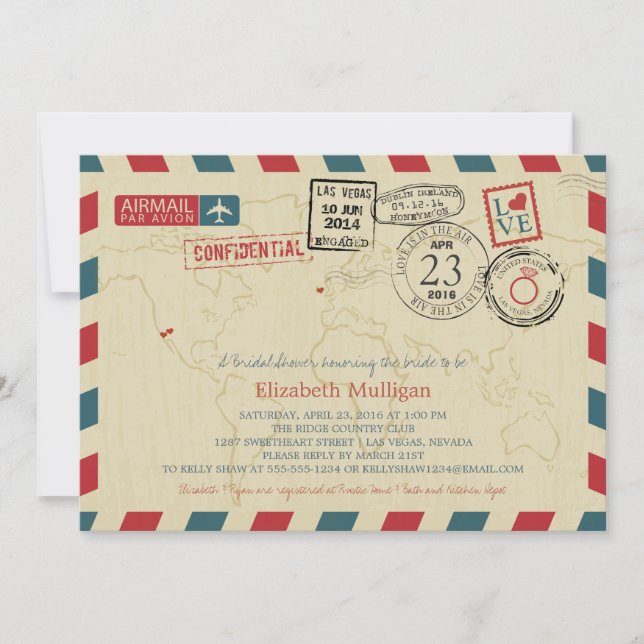 World Traveller Airmail | New York Bridal Shower Invitation (Front)