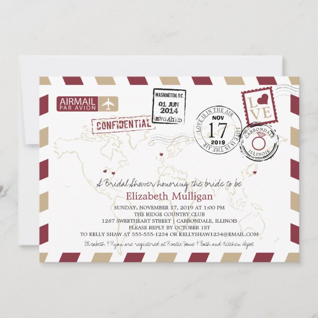 World Traveller Airmail Washington DC Bridal Showe Invitation (Front)
