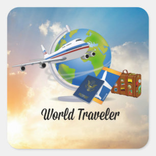 World Traveller, airplane, passport, ticket,  Square Sticker