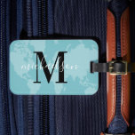 World Traveller Aqua Blue Map Custom Monogram Name Luggage Tag<br><div class="desc">Travel the world in style! This elegant and modern luggage tag features an aqua green / blue map of the world background with black and white custom monogram that can be personalized with your first or last name and initial letter.</div>