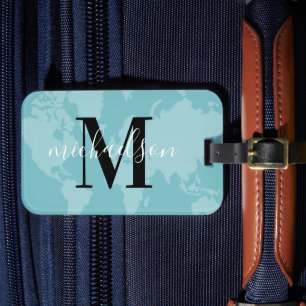 World Traveller Aqua Blue Map Custom Monogram Name Luggage Tag