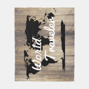 World Traveller Black World Map Light Wood Fleece Blanket