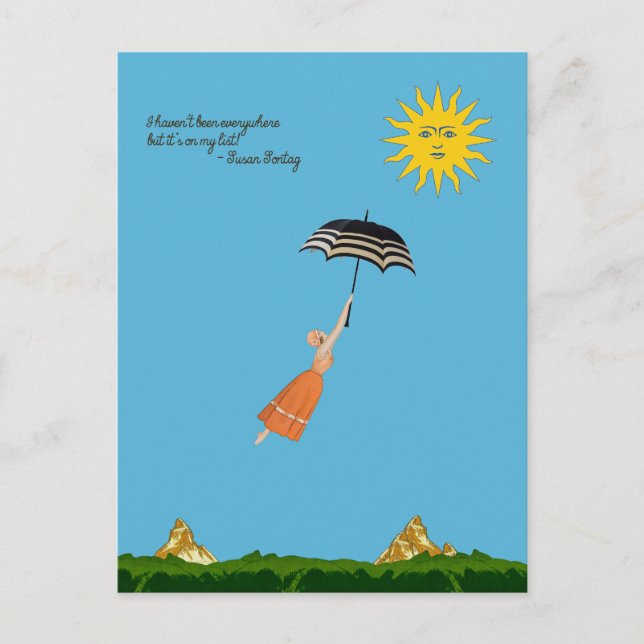 World traveller card with flying woman and umbrell (Front)