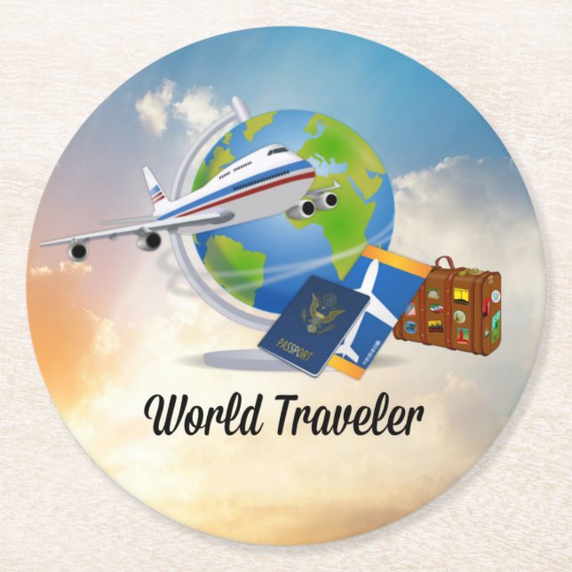 World Traveller, Design 2, Round Paper Coaster (Front)
