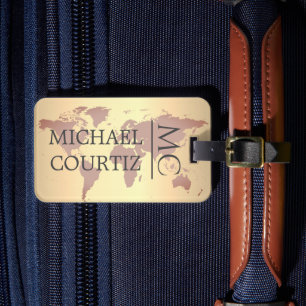 World Traveller map Brown Brush metal Monogrammed  Luggage Tag