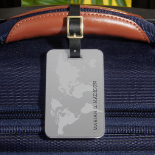 World Traveller map Gold Brush metal Monogrammed  Luggage Tag