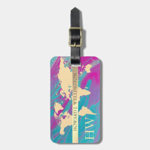 World Traveller Map Marble Glitter monogram Name  Luggage Tag