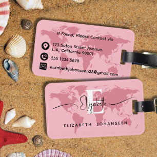 World Traveller Pink Map Modern Girly Monogram Nam Luggage Tag