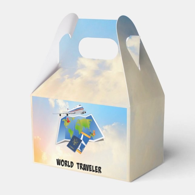World Traveller, plane ticket and passport Favor Box (Front Side)