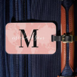 World Traveller Rose Gold Map Custom Monogram Name Luggage Tag<br><div class="desc">Travel the world in style! This modern luggage tag features a rose gold / blue pink map of the world background with black and white custom monogram that can be personalized with your first or last name and initial letter.</div>