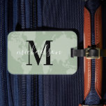 World Traveller Sage Green Map Custom Monogram Nam Luggage Tag<br><div class="desc">Travel the world in style! This elegant and modern luggage tag features a sage muted grey / green map of the world background with black and white custom monogram that can be personalized with your first or last name and initial letter.</div>