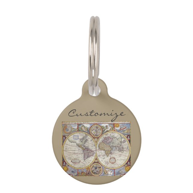 World Traveller Vintage Map Pet Tag (Front)