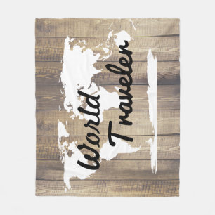 World Traveller White World Map Light Wood Fleece Blanket